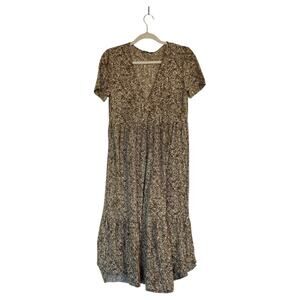 ZARA Brown Floral Midi Dress Short Sleeves Lightweight Summer Tiered